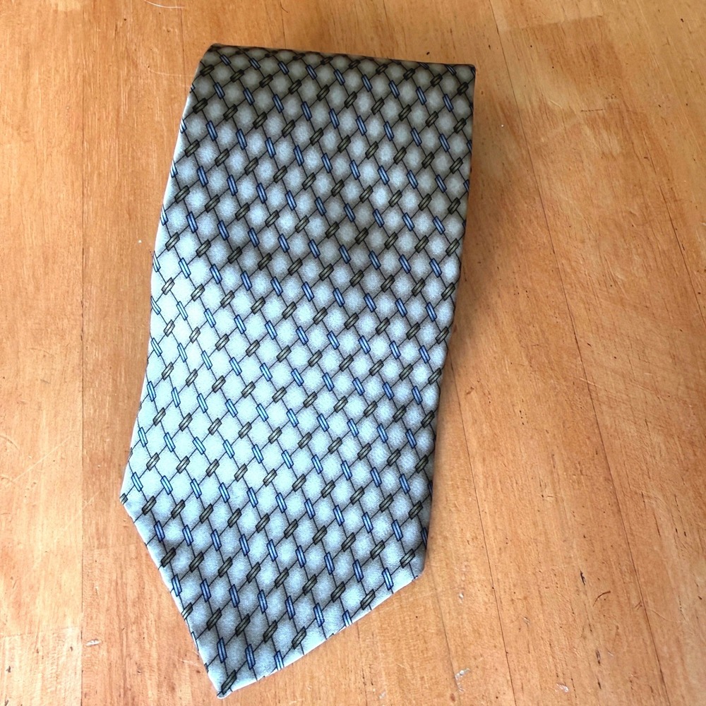 Ziggurat by Mulberry Neckwear Mens Silk Tie Taupe Tan Blue Geometric Diamond